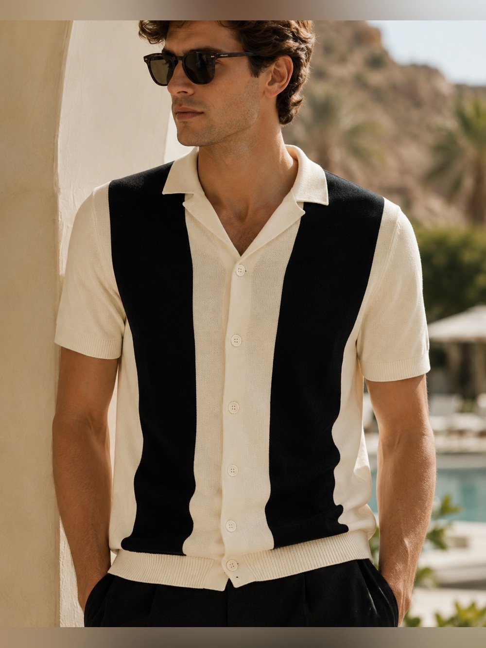 Topman Retro Camp Collar Knit Polo Cardigan, Black/Ivory, XL, MSRP $89 🖤🤍🖤🤍